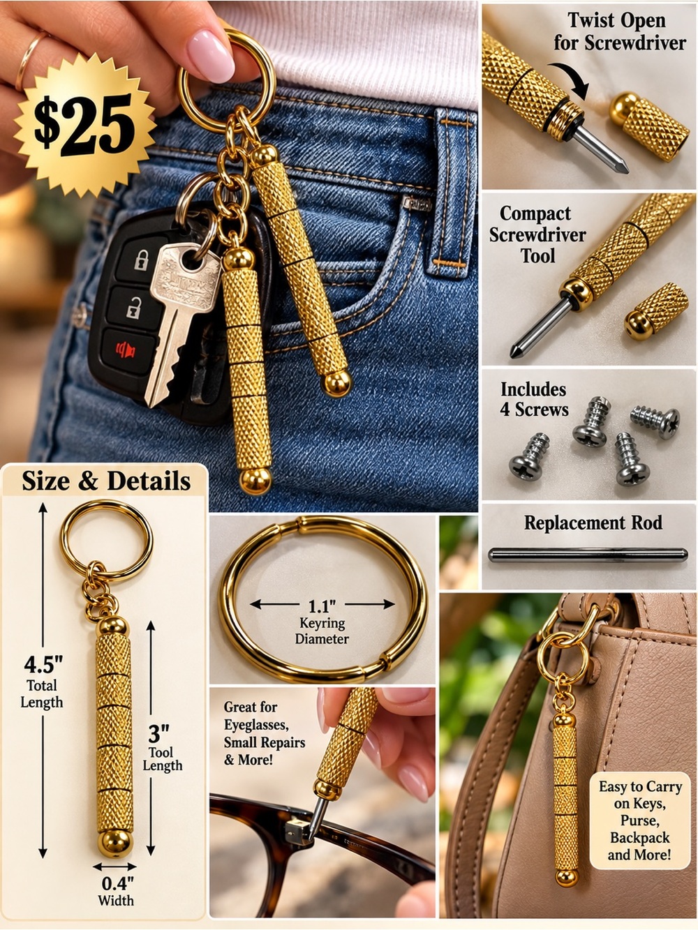 Gold Keychain Compact Screwdriver Tool - Portable Repair Keyring